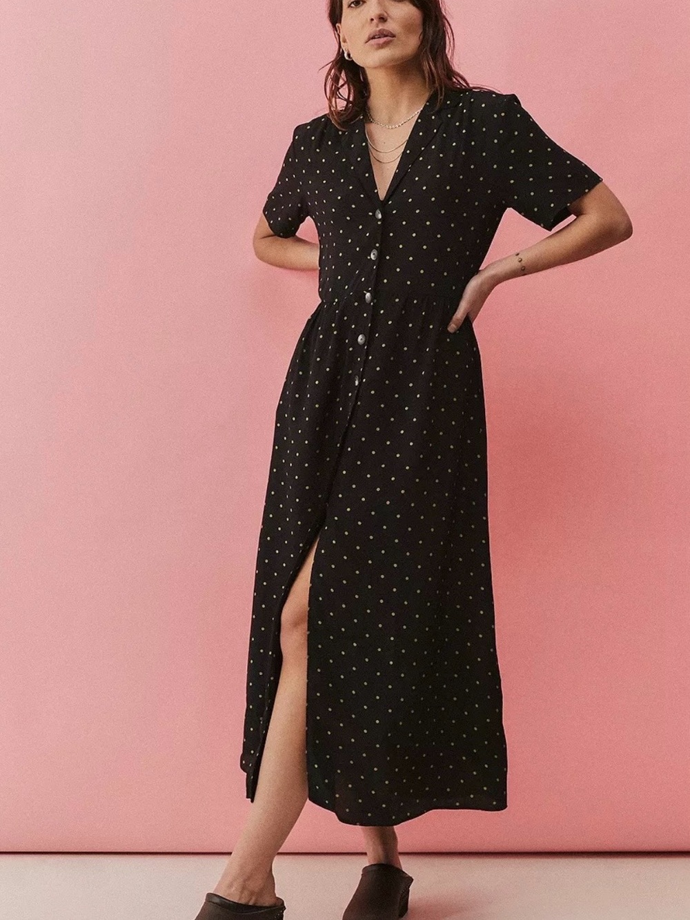 Urban Outfitters Mila Black Polka Dot Button-Front Maxi Dress